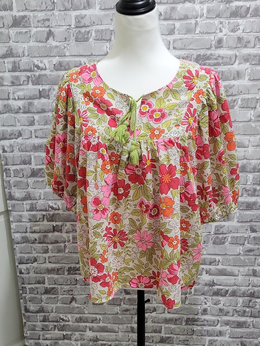 Michelle Mcdowell Floral Tassell Tie Peasant Blouse in Pink & Green Sz M